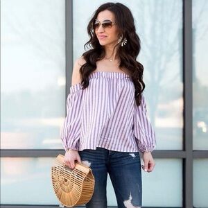 NWT Express Striped Off The Shoulder Balloon Sleeve Top Purple Sz M Lightweight